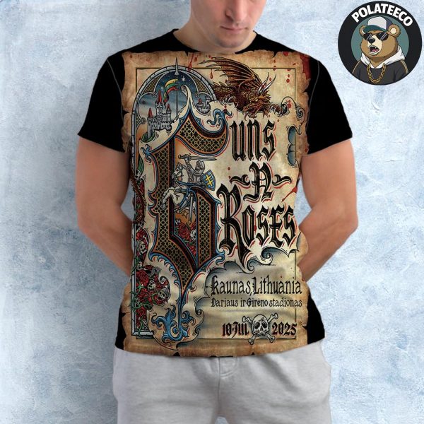 Guns N Roses Kaunas 2025 World Tour Poster At Dariaus ir Gireno Stadionas In Kaunas Lithuania On July 10th 2025 All Over Print Shirt