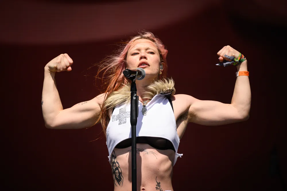 Rhian Teasdale of Wet Leg performs on The Other Stage during day three of Glastonbury festival 2025 at Worthy Farm, Pilton on June 27, 2025 in Glastonbury, England.
